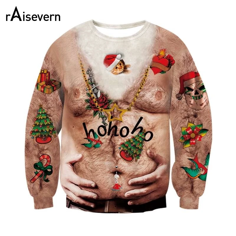 Raisevern Ugly Christmas Funny Hohoho 3D Sweatshirts Chest Hair Print With Hand Tracksuits