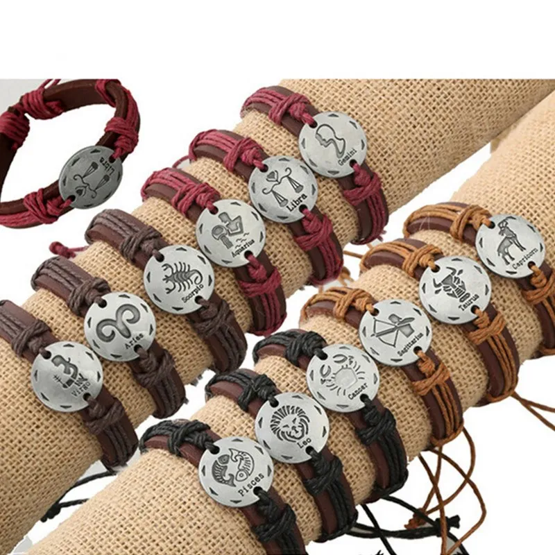 12PCS Trendy 12 Zodiac Signs Leather Bracelet Adjustable Men Silver/Gold Color Charms Constellations Leather Bracelet Jewelry