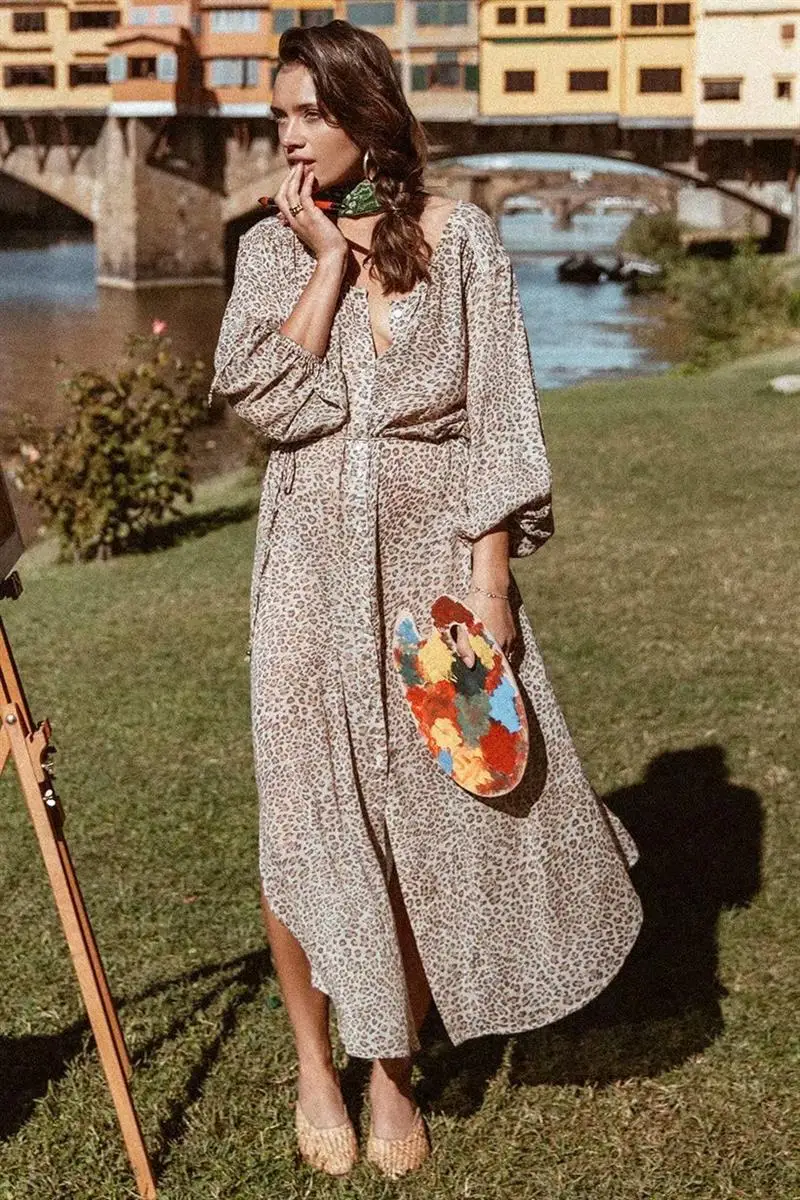Vintage women leopard loose dress summer beach ladies fashion kimono button dresses party elegant girls split dress chic
