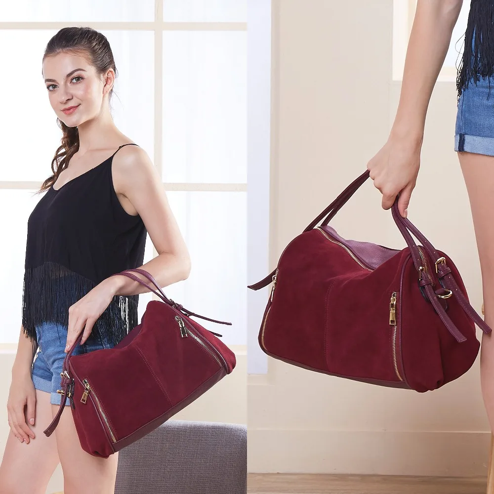 Nico Louise Women Genuine Split Suede Leather Boston Bag Original Women Genuine Split Suede Leather