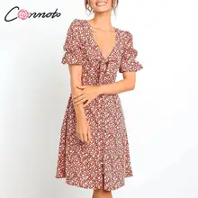 Conmoto ผู้หญิงลำลองอิฐสีแดงพิมพ์ชุดสั้น 2019 ฤดูร้อนแฟชั่น V คอสูงเอวพัฟแขน(China)