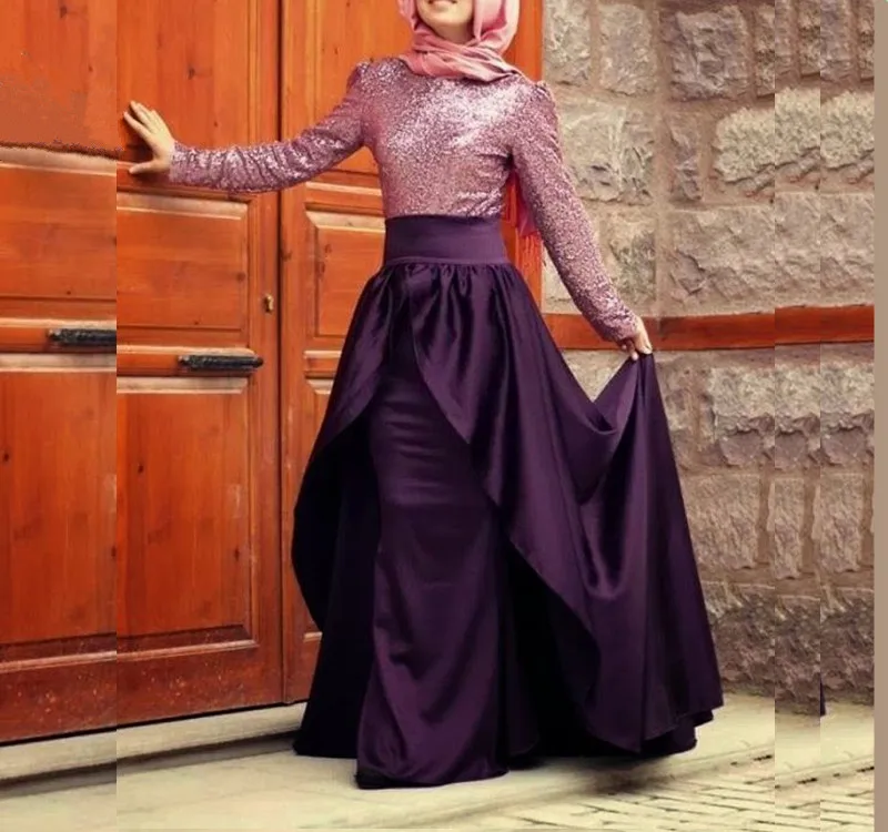HQ 2017 Long Sleeve Muslim Evening Dresses Elegant Real Image Celebrity Gown Purple Plus Size Evening Gowns Vestidos Prom Gowns