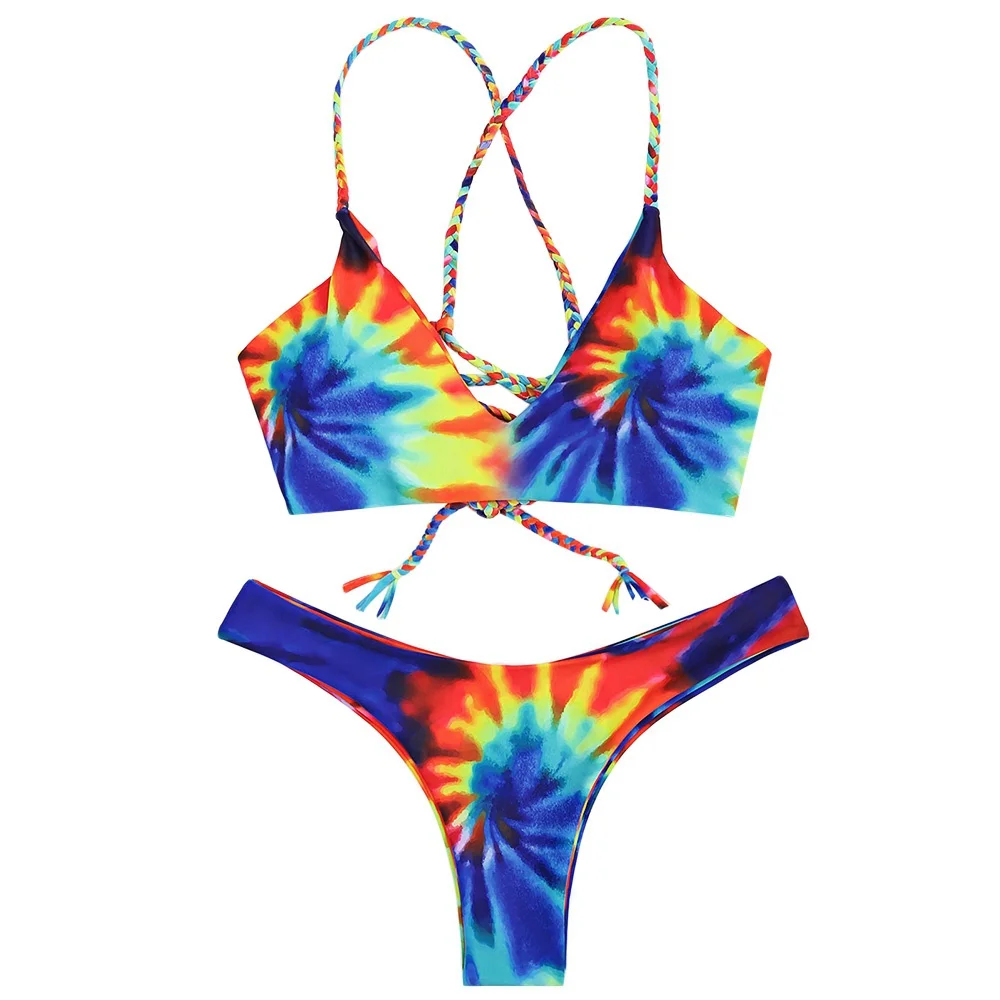 LANGSTAR 2018 New Women Tie Dye Braided Criss Cross Bikini Set Sexy Spaghetti Straps Beach Swimwear Women Swimsuit Bathing Suit