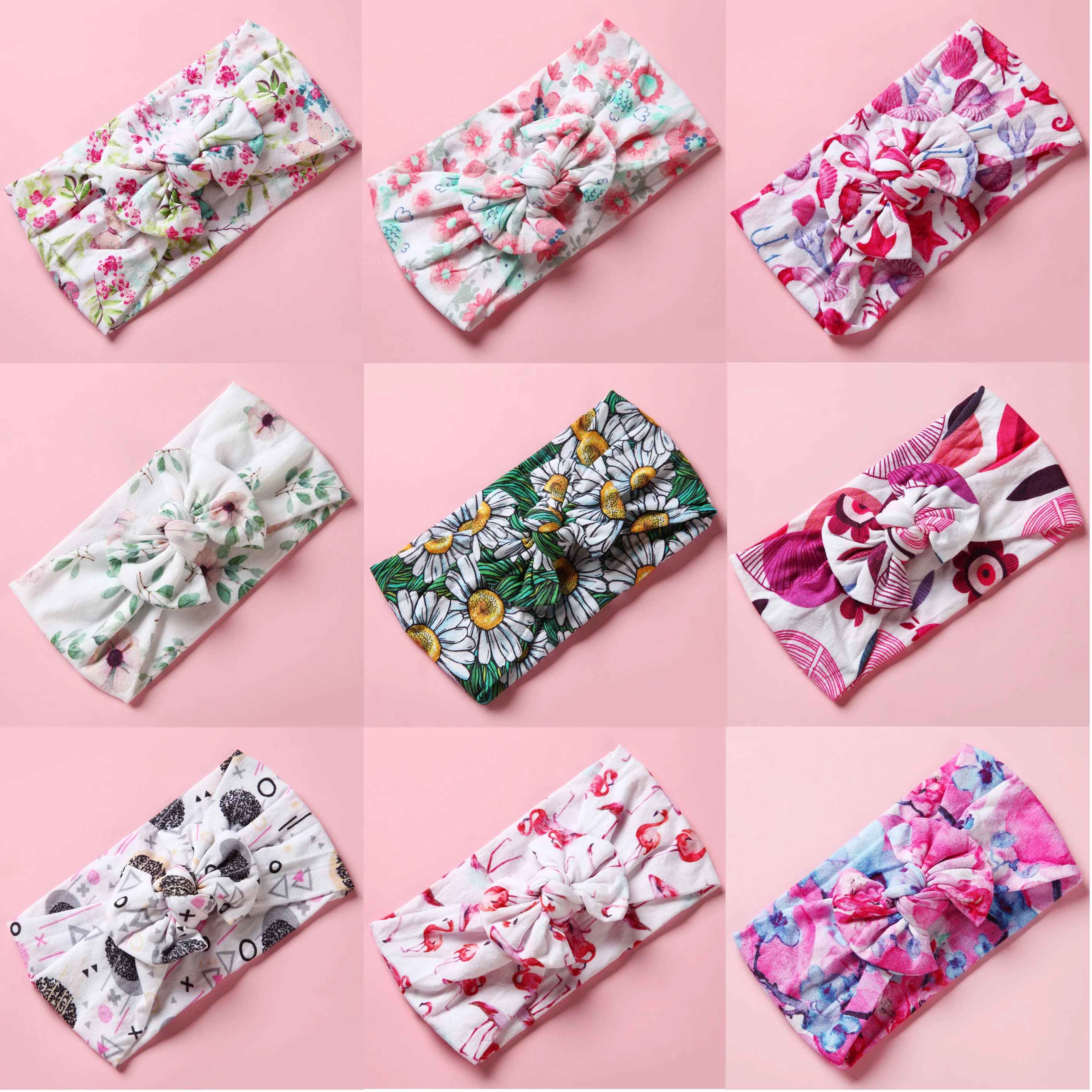 

Floral Printed Nylon Baby Headbands, Fruit print knot bow nylon head wrap wide turban headband Baby Girls Hair Accessories