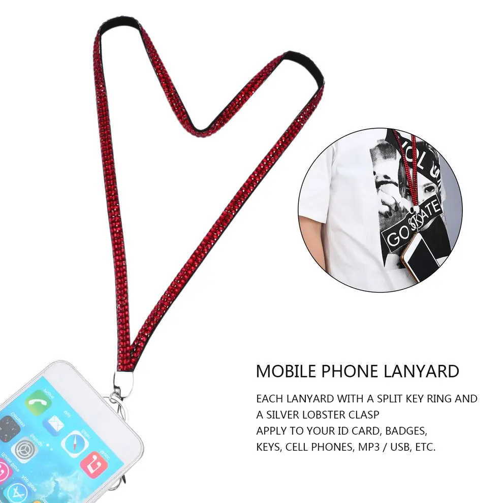 

5 Pcs Lanyard & ID Badge Cell Phone Key Holder Ring Red Rhinestone Phone Accessories Mobile Phone Straps Crystal Bling Custom