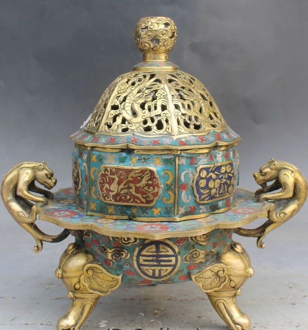 

003265 Marked Cloisonne Enamel Gilt Tiger Beast Horse Elephant Incense Burner Censer Bronze Statue