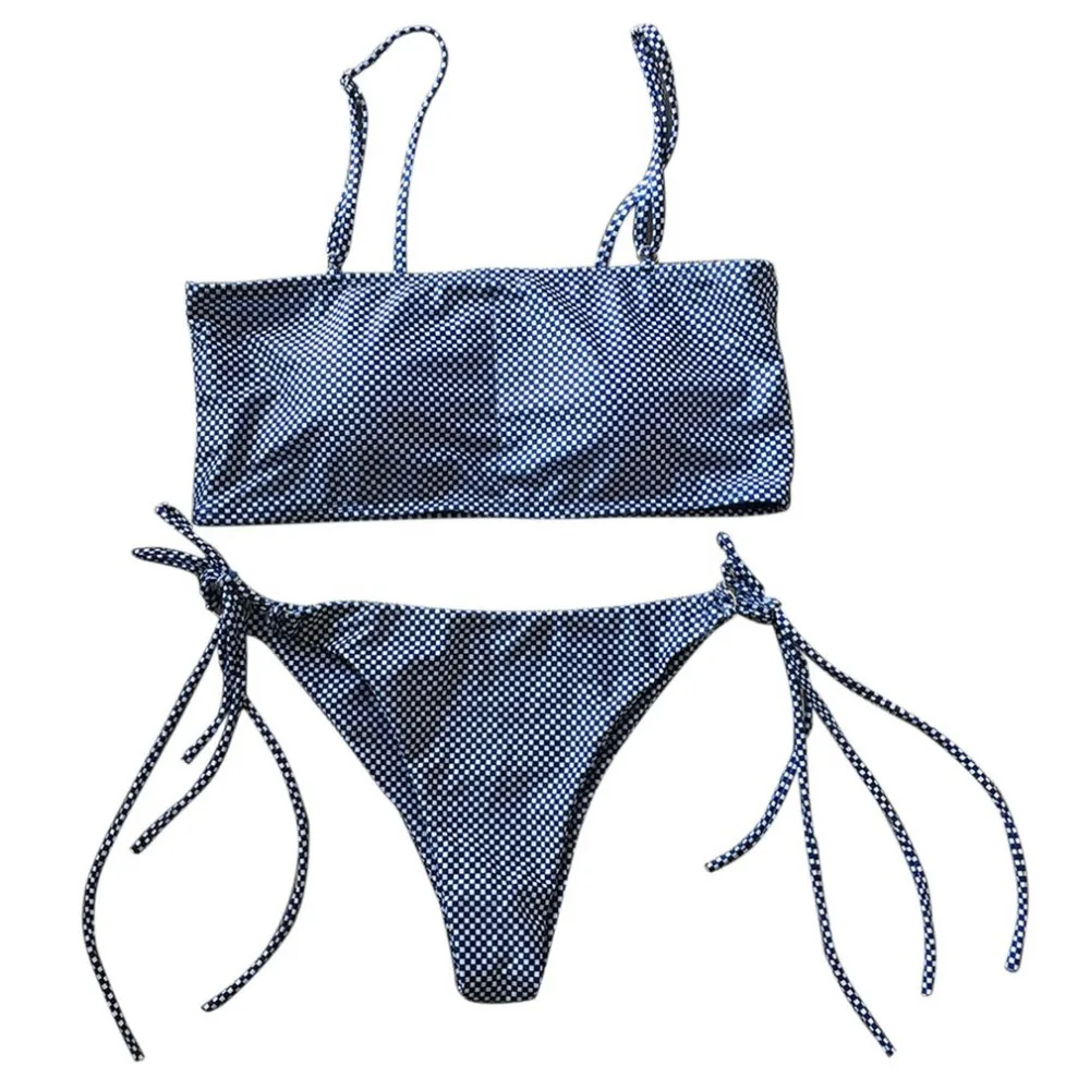 New 2PCS Flat Shoulder Chest Wrap Women Swimwear Lady Split Swimsuit Black and White Squares