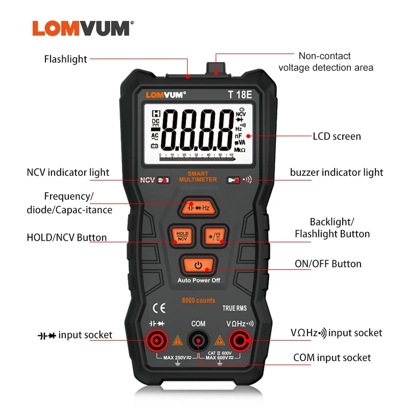 LOMVUM Intelligent Multimeter 6000 Count Digital High-precision Automatic Multi-function Portable Anti-burn Digital Table