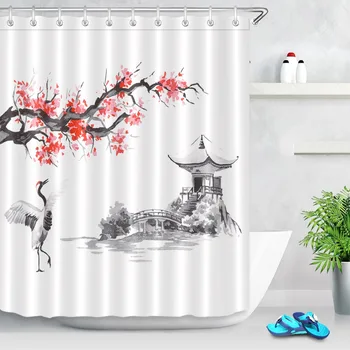 

Japan Traditional Painting Sakura Pavilion Crane Shower Curtains Waterproof Bathroom Curtain Fabric For Bathtub Decor