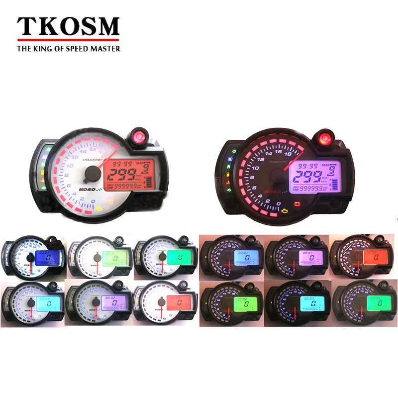 

TKOSM Modern KOSO 18000rpm Black White Similar LCD Digital Motorcycle Odometer Speedometer Adjustable 7 Colors 299KM/H Motorbike