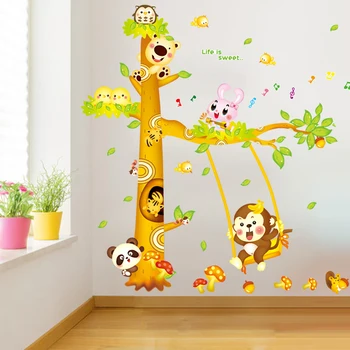 

[shijuekongjian] Cartoon Tree Wall Stickers DIY Monkey Panda Rabbit Animal Wall Decals for Baby Rooms Kids Bedroom Decoration