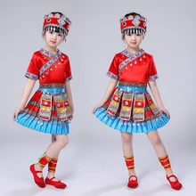 Детская одежда красного цвета Hmong летний детский костюм для сценических выступлений костюмы бальные костюмы для девочек Китайская народная танцевальная одежда костюмы
