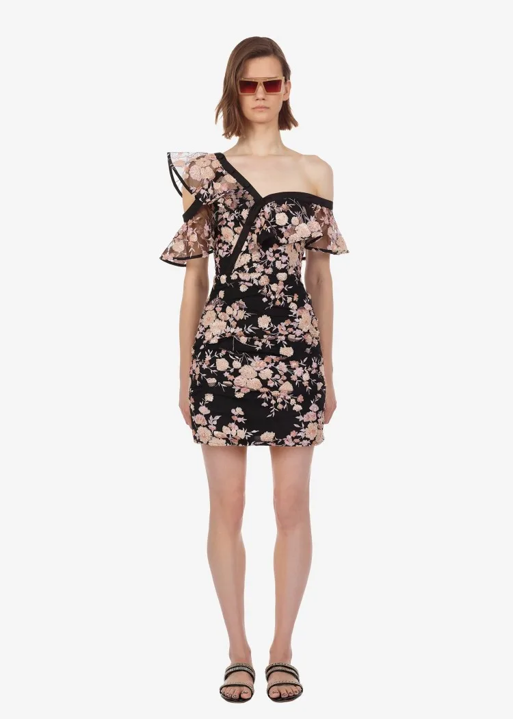 

Women's sexy One-shoulder mini dress Fashion embroidered sequins floral dress A407