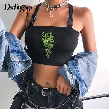 

Darlingaga Chinese style streetwear crop top women cami Dragon embroidery buckle criss-cross summer top 2020 short festival tops