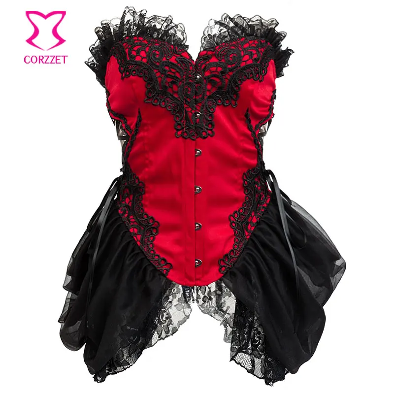 

Red & Black Victorian Lace Skirted Corset Steampunk Gothic Clothing Women Sexy Corsets and Bustiers Overbust Corselet Lolita