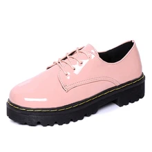 Pink Oxfords Shoes Woman 2016 Platform Creepers Patent Leather Flats Casual Lace-Up Loafers Round Toe Women Brogue Shoes XWD3491