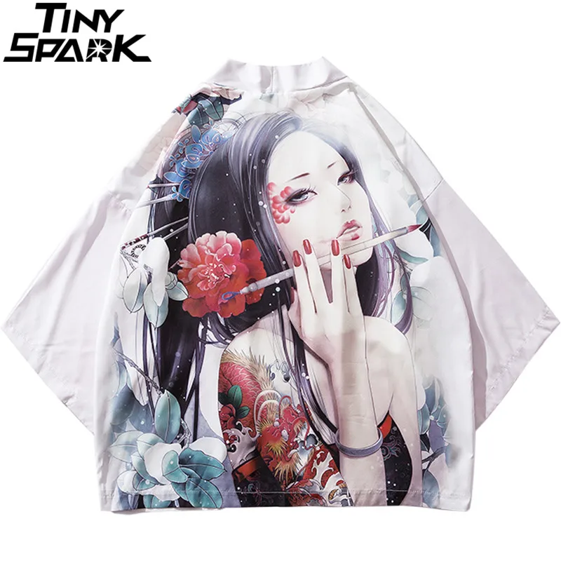 2019 Harajuku Kimono Jacket Japanese Ukiyoe Floral Geisha Tattoo Hip Hop Men Streetwear Jacket Coat Summer Thin Gown Japan Style