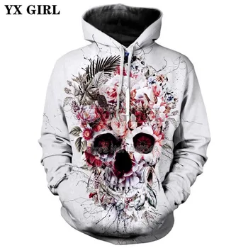 

YX GIRL Drop shipping 2018 New style Fashion hoodies flowers and skull Funny Print 3d Men/Women Casual Hoody pullover