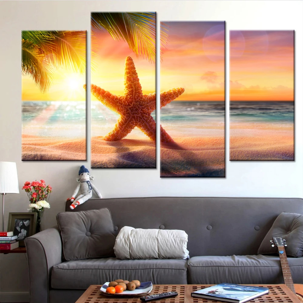 

Wall Modular Popular Picture Painting Framework Canvas For Living Room Modern Nordic 4 Panel Sunset And Starfish Posters Prints