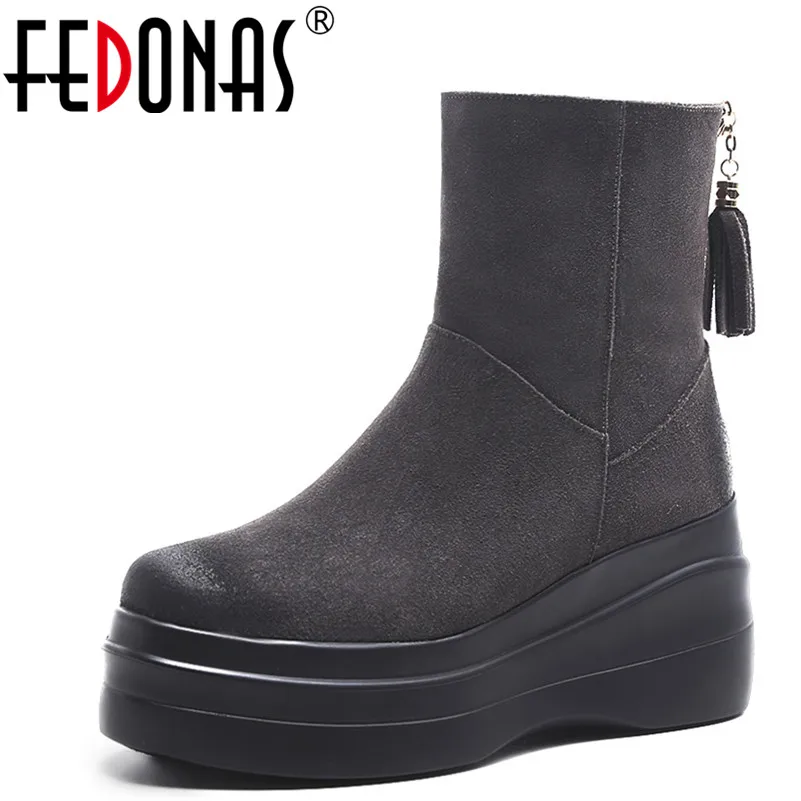 

FEDONAS1Fashion Women Snow Boots Autumn Winter Warm Cow Suede Wedges High Heels Shoes Woman Round Toe Fringe Quality Basic Boots