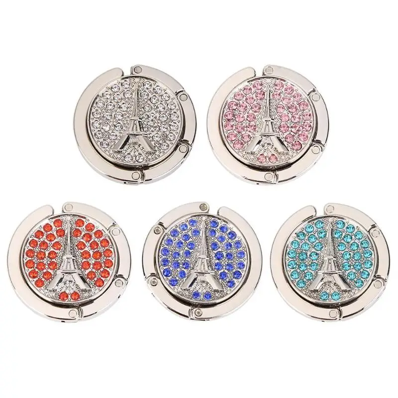 

Portable Metal Foldable Table Handbag Holder Eiffel Tower Pattern Folding Table Edge Handbag Purse Hook Hanger Rhinestone Holder