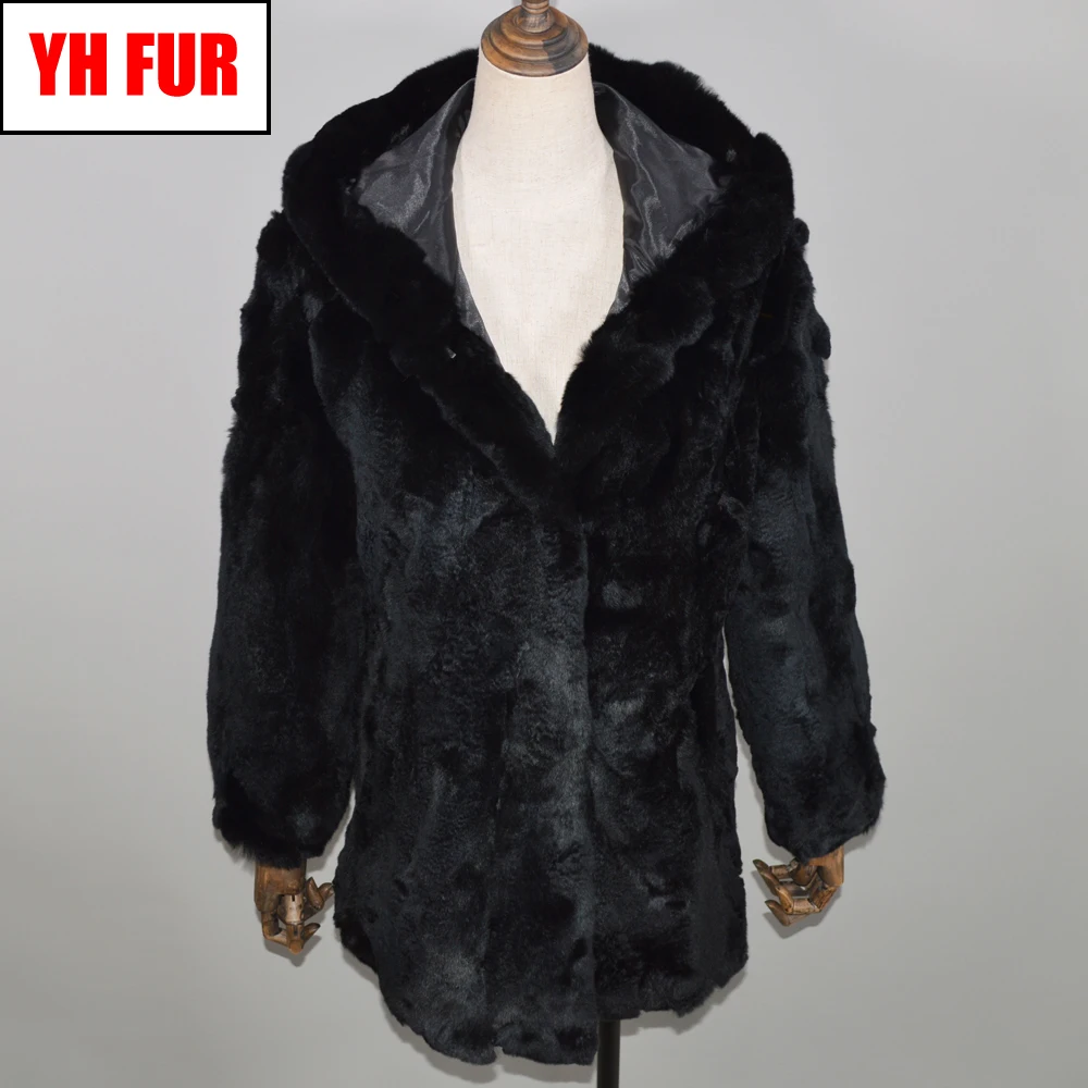 

Long Style Genuine Real Rex Rabbit Fur Jacket Women Rex Rabbit Fur Coat Girls Casual Real Natural Rex Rabbit Fur Hooded Outwear