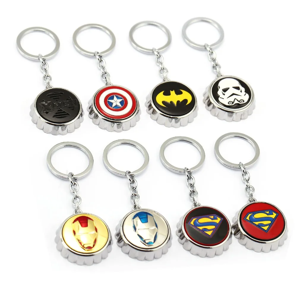 

10pcs/lot Avengers Super Hero Logo Bottle Opener Keychain Key Ring Holder Chain Captain American Iron Man Bottle Cap Fan Gift