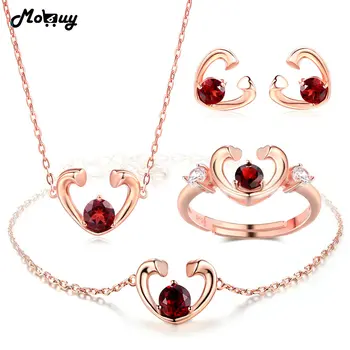 

MoBuy Garnet Natural Gemstone 4pcs Jewelry Sets 100% 925 Sterling Silver For Women Wedding Love Heart Fine Jewelry V015EHNR