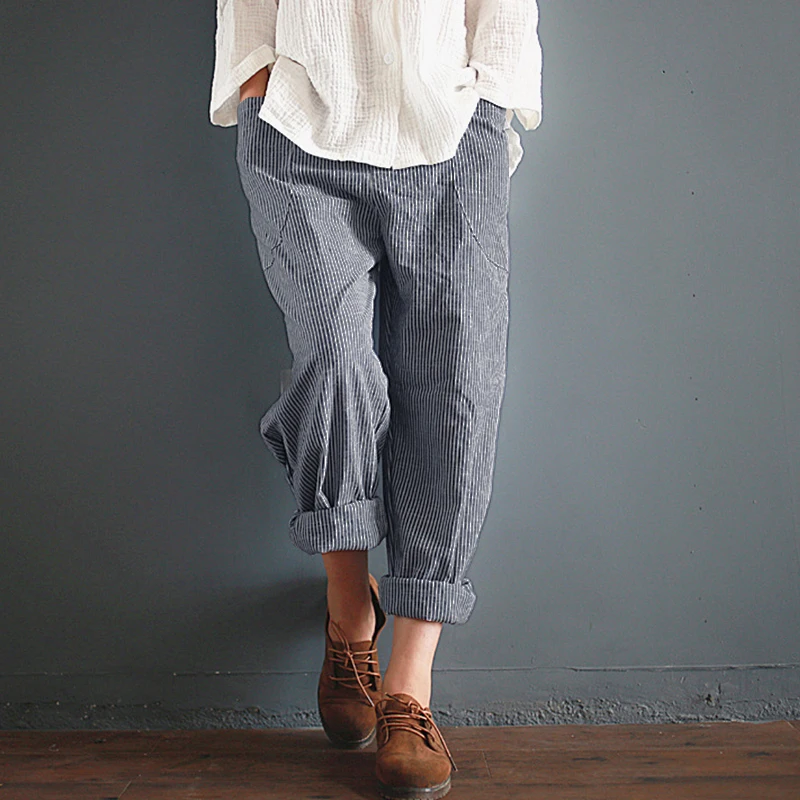 

Women Elastic Waist Pockets Loose Striped Cotton Linen Long Harem Pants Casual Cargo Pantalon Overalls Trousers Plus Size Casual