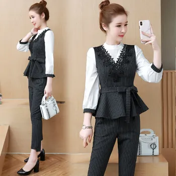 

Trendy Striped Conjunto Feminino Year-old Female Costume Ensemble Femme Deux Pieces Chic Woman Suit Two Piece Set Top And Pants