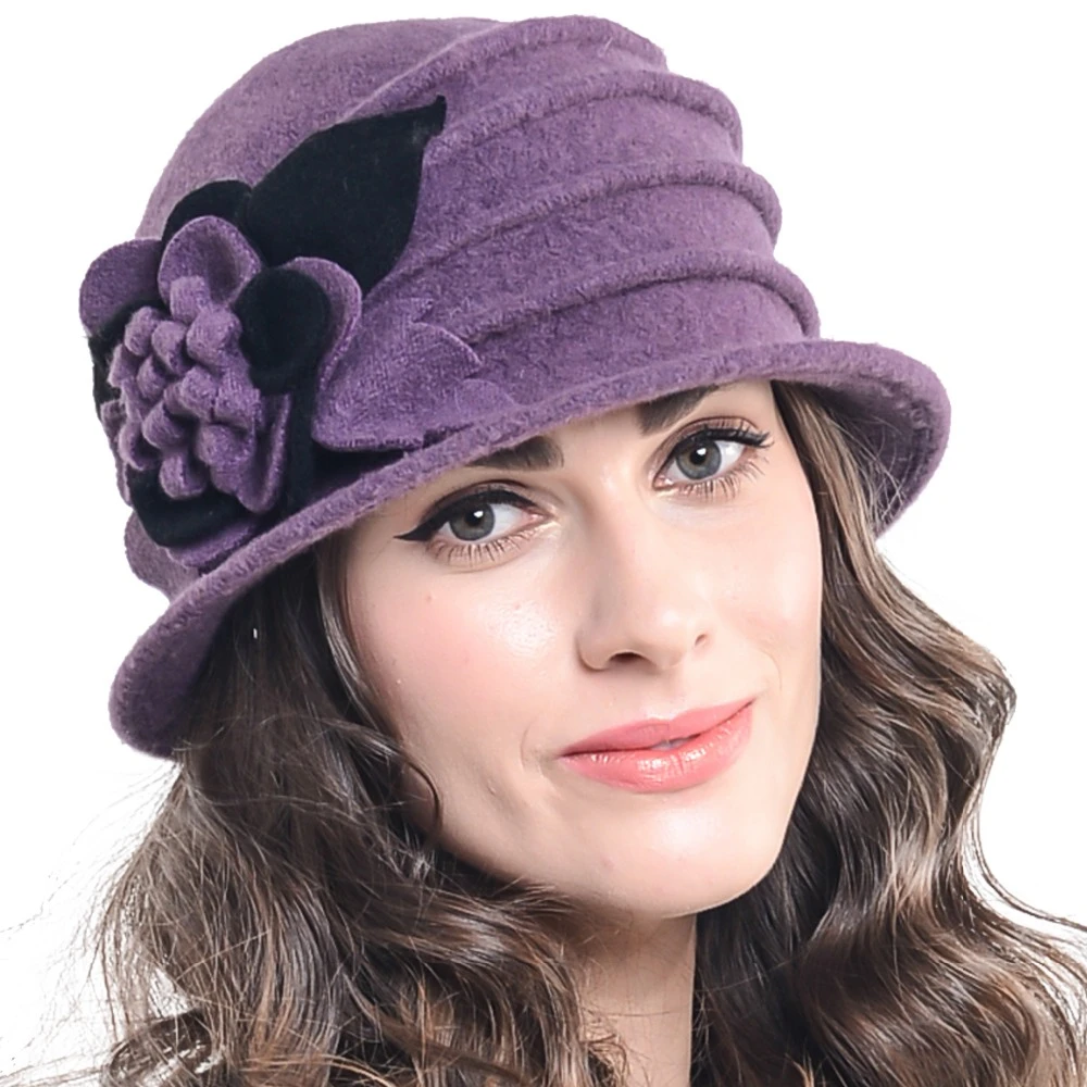 Women Wool Cloche Bucket Hat Floral Beanie Cap bowler hat Winter Dress Hats FORBUSITE