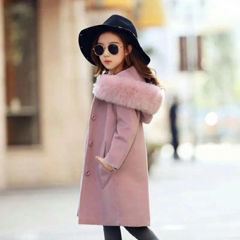  2019 Baby Girls Pink Thick Large Fur Collar Woolen Coat Hooded Jacket Children Autumn Winter Clothe