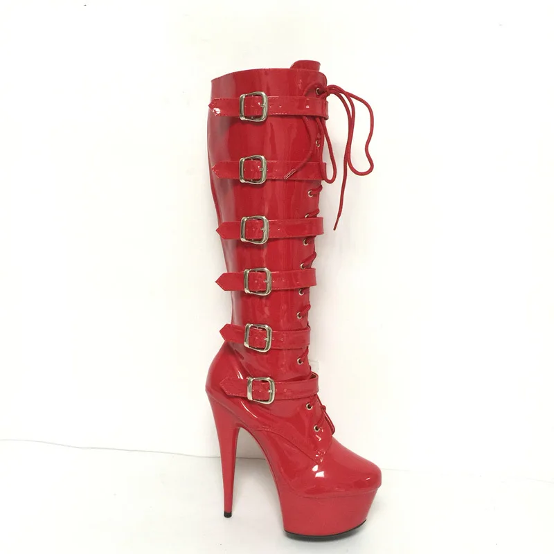 LAIJIANJINXIA/Новые модные красные женские ботинки на очень высоком каблуке 15 см; женская обувь на толстой подошве; сапоги до колена; цвет белый, черный