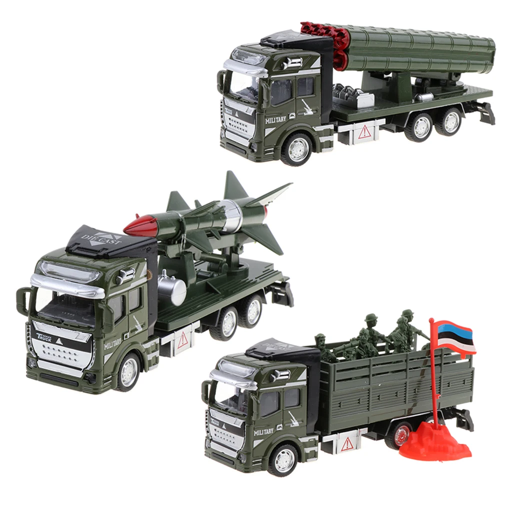 MagiDeal 1/48 Die-cast Alloy Pull Back Military Truck Vehicle Model Kids Toys Army Car Rocket Model Collection 