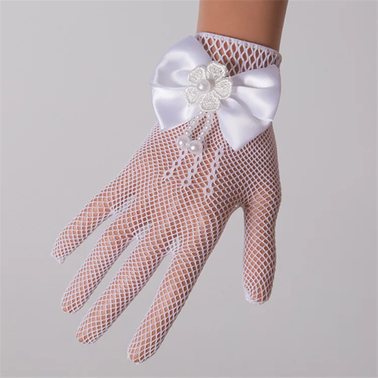 Девушки перчатки палец эластичный тюль детские перчатки для свадьбы аппликация наручные Длина детские короткие жемчужные свадебные