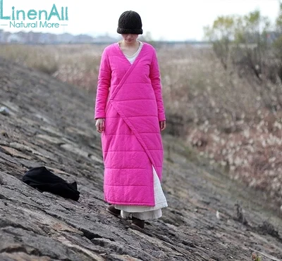 Cheap LinenAll clothing women's winter pink linen and cotton V-neck cotton-wadded X-long winter down parkas outerwear female YIJIU