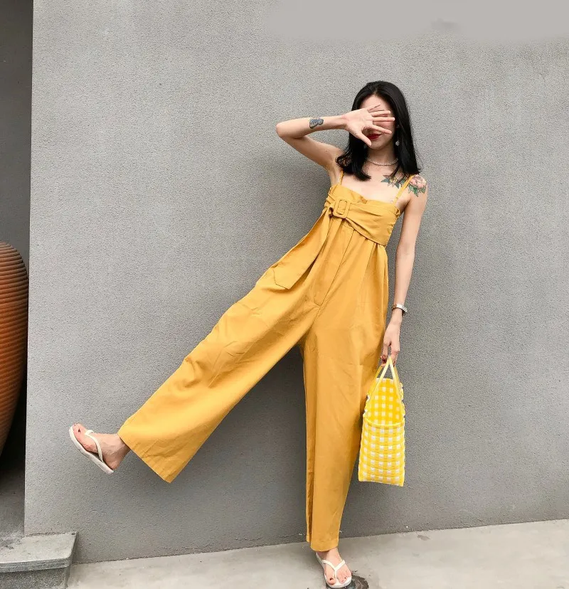 

2019 Elegant Women Spaghetti Strap Rompers Casual Sleeveless Wide Legs Overalls High Waist Backless Jumpsuits