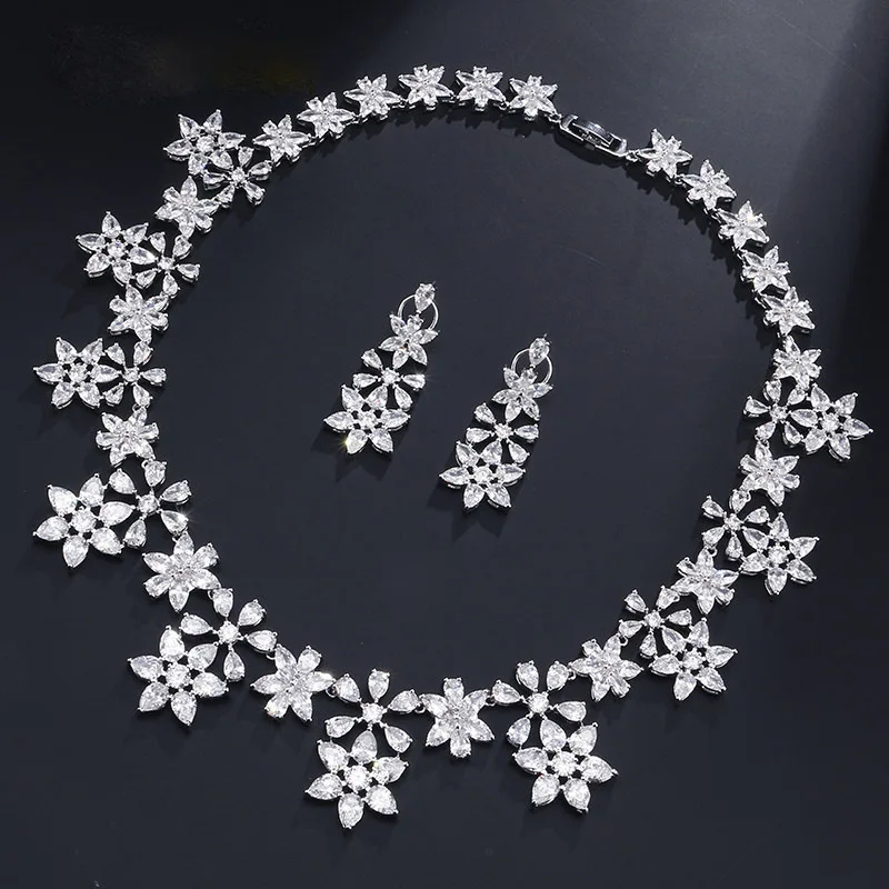 

LISM Exquisite Luxury Flower Shoker Necklace Earring Rhodium AAA Cubic Zircon Jewelry Set For Bride Accessories