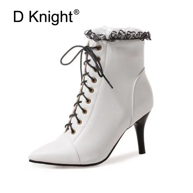 

D Knight New Winter Women Ankle Boots High Thin Heel Sexy Lady Pointed Toe Women Shoes Elegent Lace Up Snow Boots Big Size 32-48