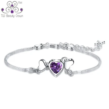 

100% Real 925 Pure Silver Purple White Cubic Zirconia Angel Wing Love Heart Chain & Link Bracelets For Women Female accessories