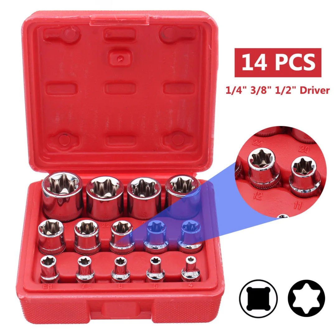 

Newest 14Pcs E4 - E24 Star Driver Socket Set Hex Torx Torq Torque Bits 1/4 3/8 1/2inch