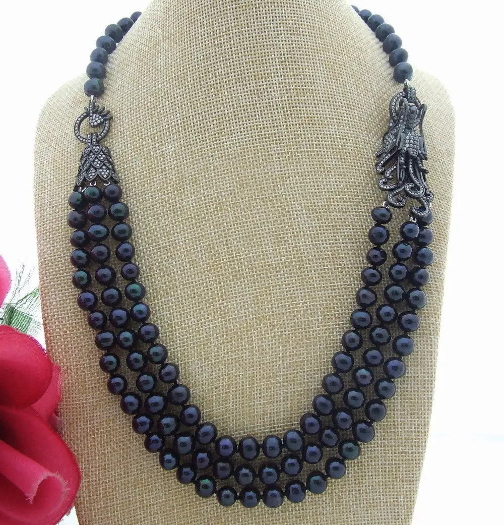 

FC042905 22-24'' 3Strands Black Pearl Necklace CZ Connector