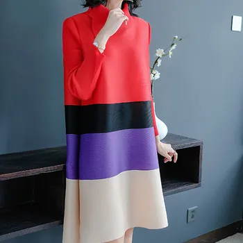 

LANMREM 2020 Spring New Fashion Temperament Women Loose Plus Casual Color Matching Striped High Collar Long Sleeve Dress TC272