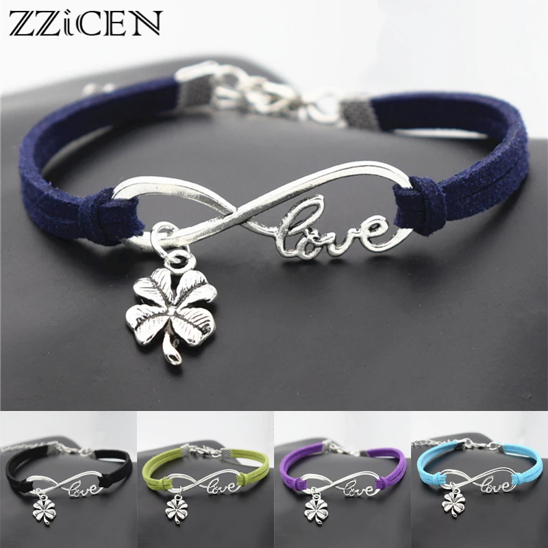 

New Fashion Women Girls Elegant Antique Silver Four Leaf Clover Charms Pendant Infinity Love Leather Bracelets Jewelry Gifts