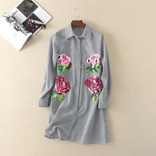 New Hot Sale Dress Clothing 2017 Summer Women Turn-down Collar Sequined Rose Floral Plaid Print Long Sleeve Casual Dress Shirt