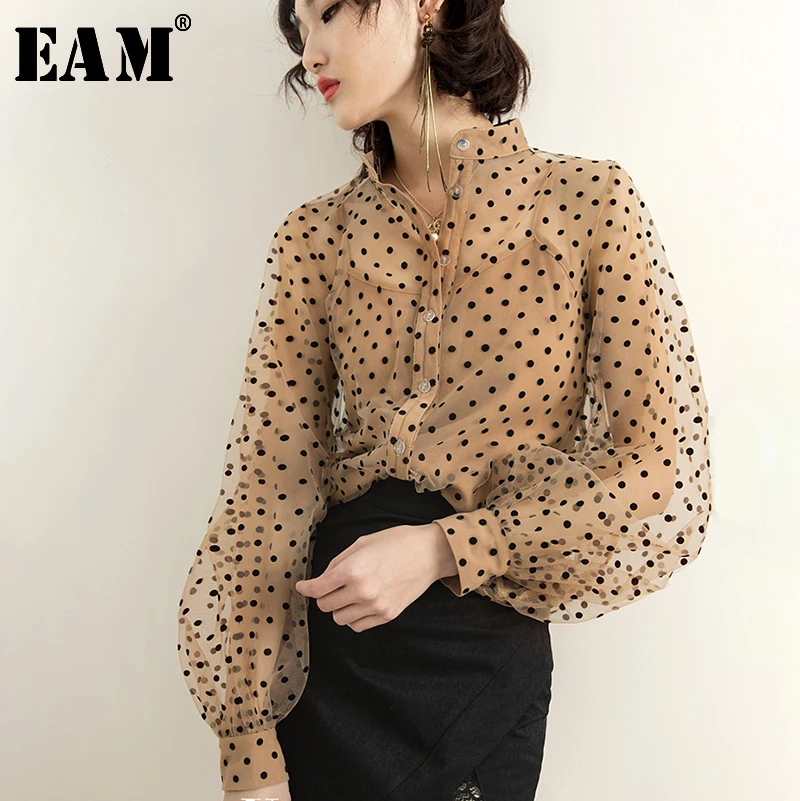 

[EAM] 2019 New Spring Summer Stand Collar Long Lantern Sleeve Flocking Dot Printed Mesh Loose Shirt Women Blouse Fashion JQ287