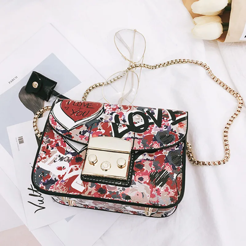 

2018 new mini chain simple small square bag graffiti shoulder Messenger bag women mini wallet phone bag