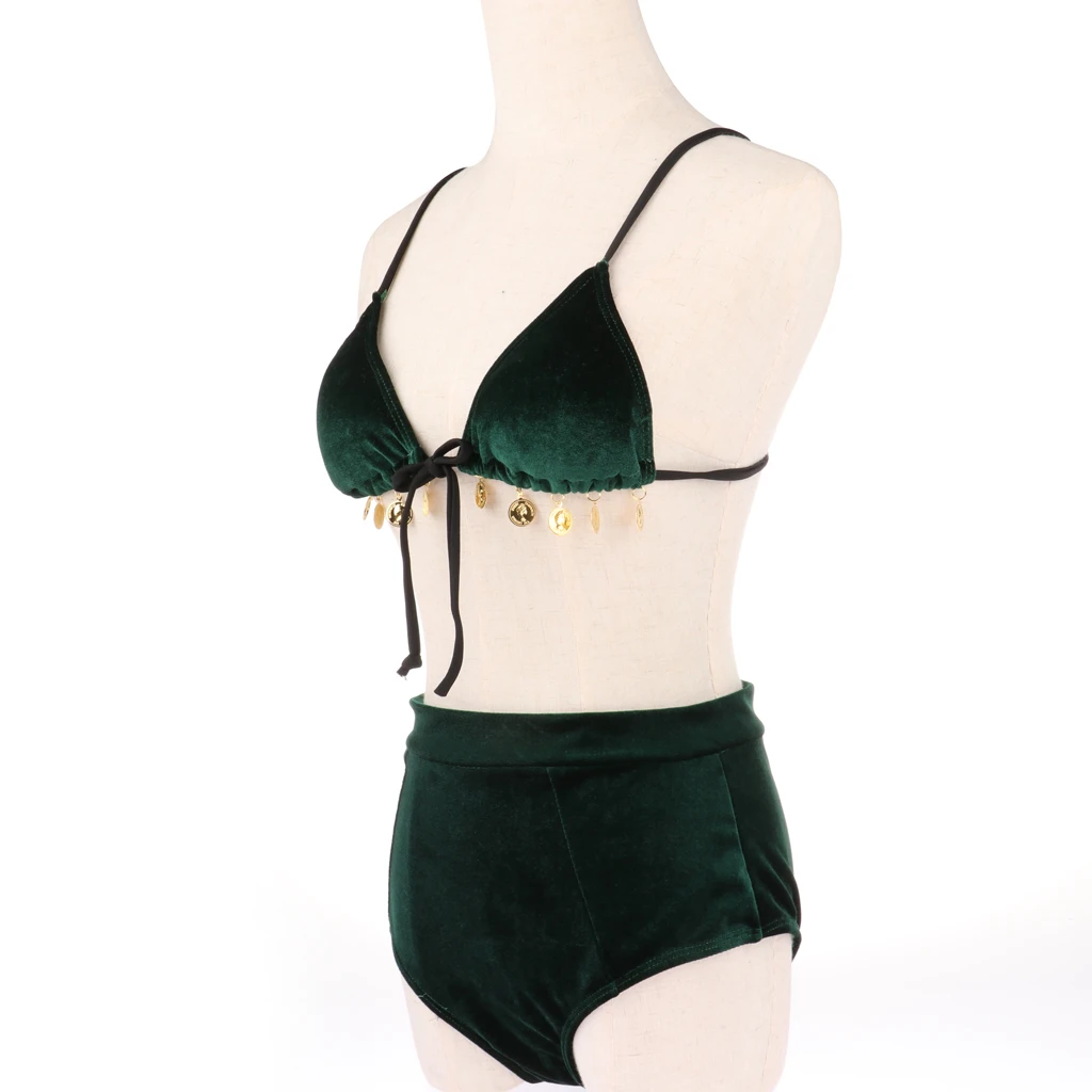 Velvet Two Piece Swimsuit Push up Bikini Set Green Bathing Suit Padded Summer Beachwear for Women Ladies