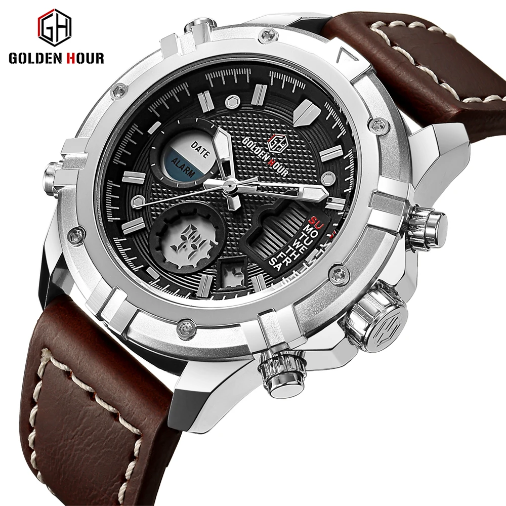 

GOLDENHOUR Mens Watches Top Brand Luxury Quartz Analog Digital Watch Men Leather Military Sport Wristwatch Man Relogio Masculino