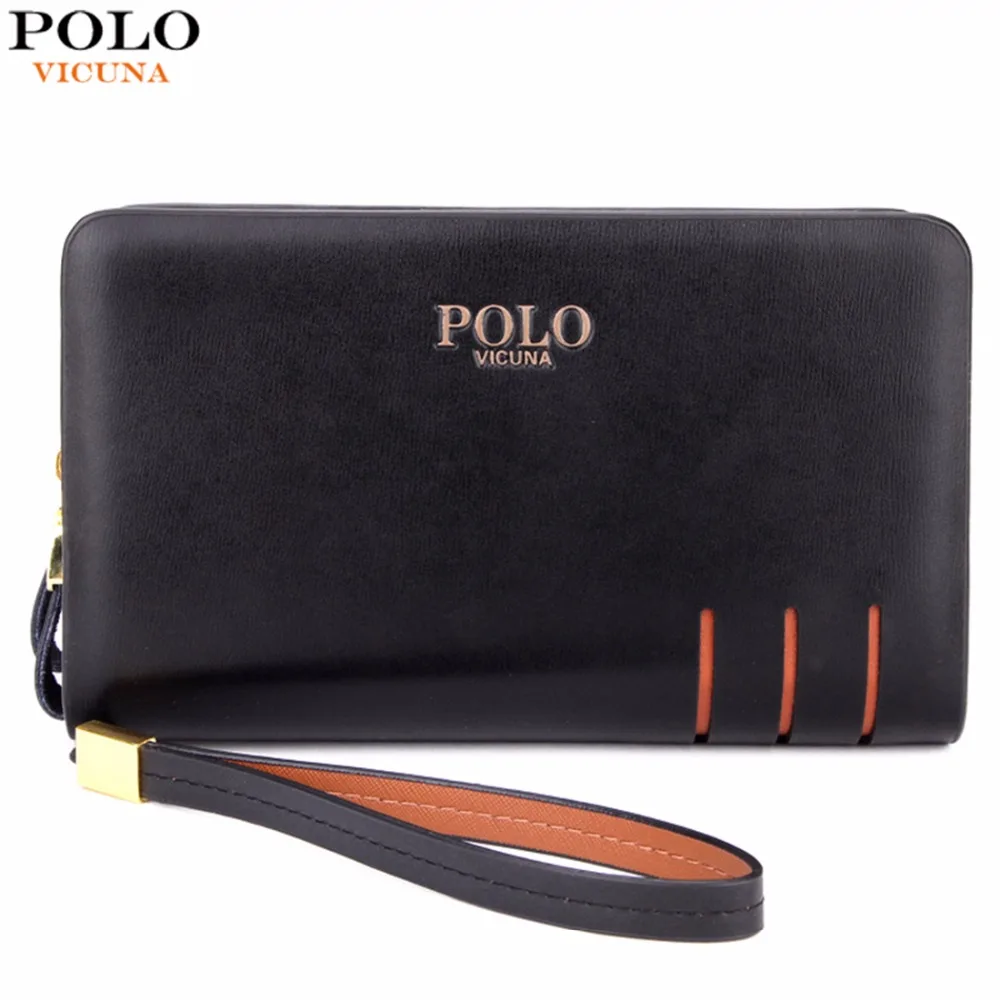 POLO VICUNA Famous Brand Double Zipper Large Mens Leather Clutch Wallet